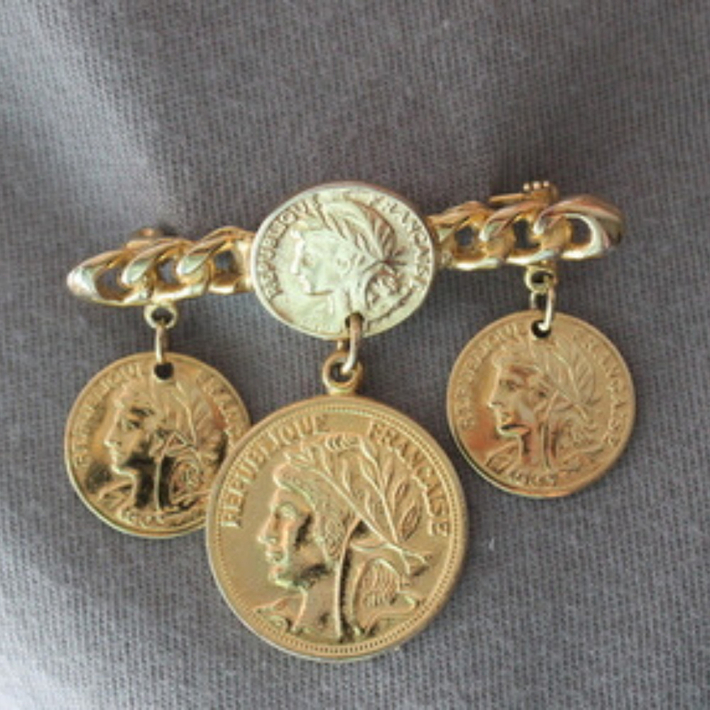 Republique Francaise Faux Coins Brooch Gold Tone